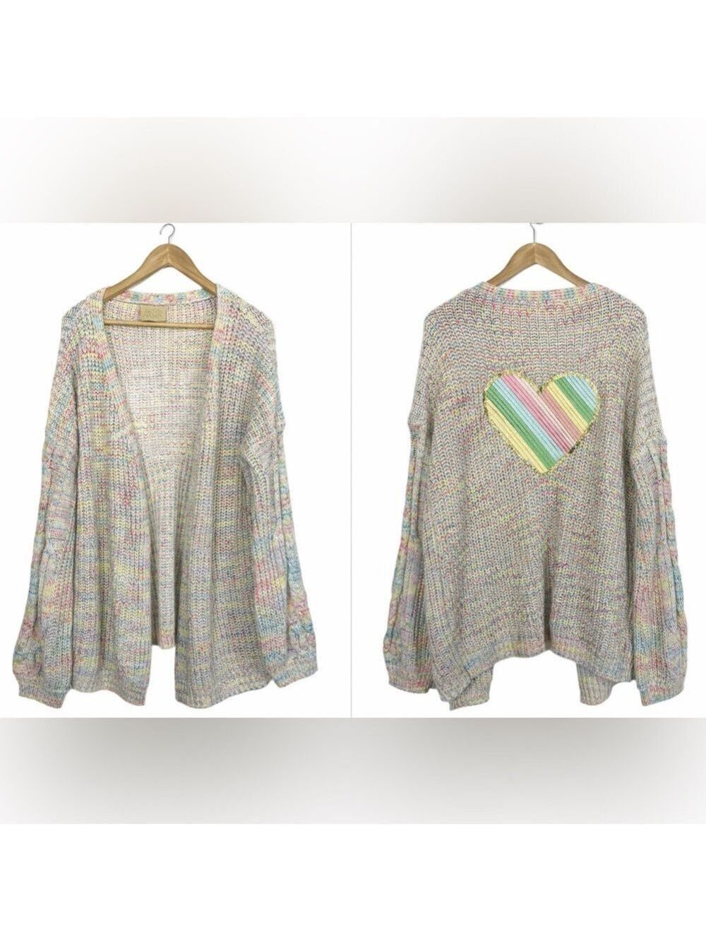 Judith March Watercolor Heart Patch Cardigan Sweater XL Women Colorful Boho Art
